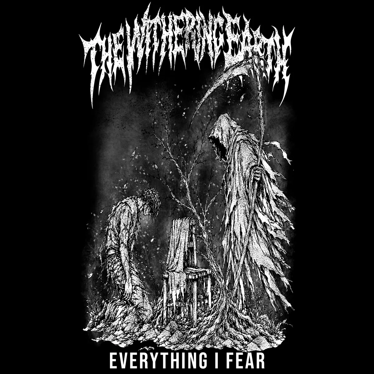 Cover of Everything I Fear: a kneeling man, an empty chair and a hooded reaper with a scythe.