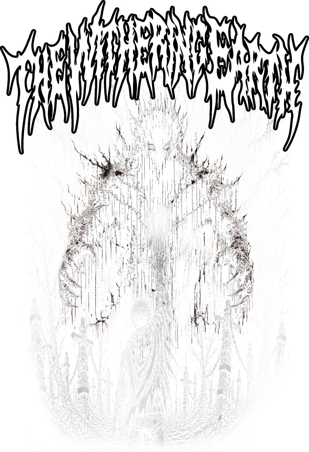 Back print for a black shirt: the band logo above a hooded giant, a reaching figure and chained crosses.